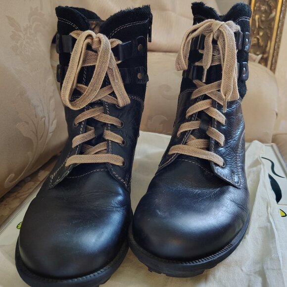 Josef Seibel Sandra Black Leather Boots Womens 9 1/2 Lace-Up Fleece Lined Combat - Picture 3 of 9